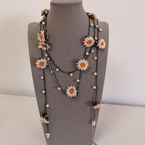Traditional Turkish Oya Daisy Necklace with Pearls - Olive Green, Yellow & White